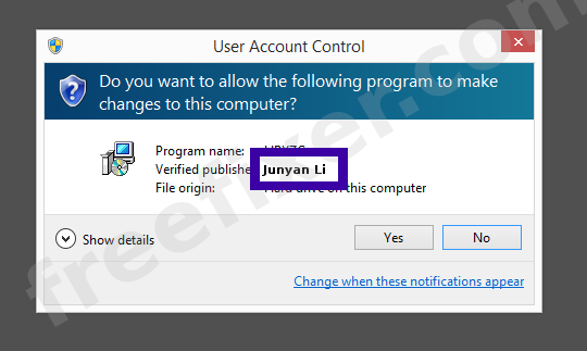 Screenshot where Junyan Li appears as the verified publisher in the UAC dialog